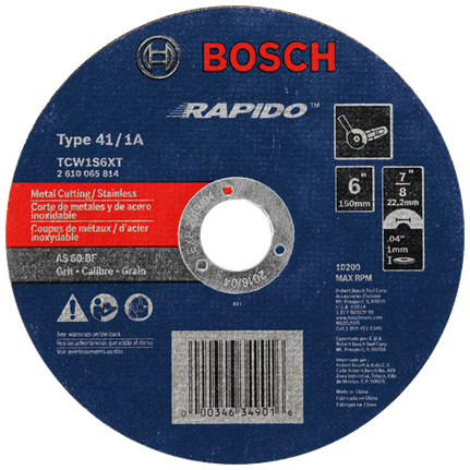 Disco abrasivo para corte rápido en metal/acero inoxidable Rapido™, calibre 60, tipo de eje 1A (ISO 41), 6" .040" 7/8"