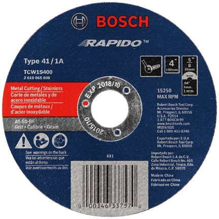 Disco abrasivo para corte rápido en metal/acero inoxidable Rapido™, calibre 60, tipo de eje 1A (ISO 41), 4" .040" 5/8"