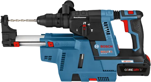 Bosch BULLDOG GBH18V-26 martillo rotativo con etiqueta "Boschhammer", filtro HEPA y batería "CORE18V".