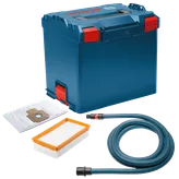 Caja de almacenamiento azul Bosch con cierres rojos y texto "Bosch"; incluye un filtro, una bolsa y una manguera.