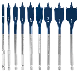 Surtido Daredevil de brocas planas para madera con tamaños: 1/4, 3/8, 1/2, 9/16, 5/8, 11/16, 3/4, 7/8 y 1.