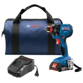 Taladro Bosch azul y negro con bolsa y cargador. La bolsa tiene impreso "Bosch".