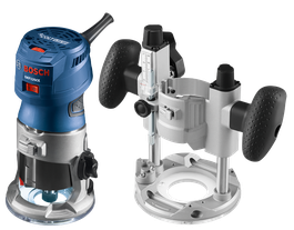 Bosch GKF125CE Colt, fresadora de 1,25 HP y su base.