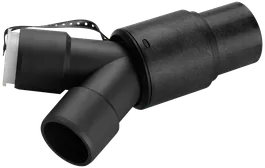 Conector en Y de plástico negro con una correa perforada y una pieza blanca en un extremo.