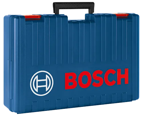 Caja de herramientas azul Bosch con asa negra, detalles en rojo y el logotipo de Bosch.