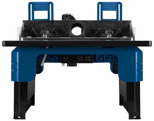 Mesa de fresado azul y negro con dos manijas azules. Se ven las tomas de corriente.