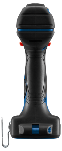 Taladro percutor Bosch negro y azul, con detalles en rojo y azul, y gancho metálico.