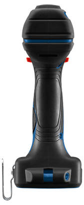 Taladro percutor Bosch negro y azul, con detalles en rojo y azul, y gancho metálico.