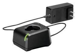 Cargador Bosch con indicador de luz verde conectado a un adaptador de corriente mediante un cable negro. El cargador y el adaptador son de color negro.