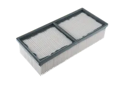 Filtro de aire rectangular con medio filtrante plisado blanco y marco gris.