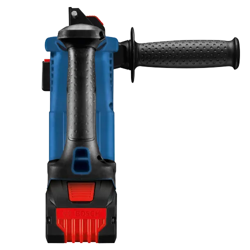 Herramienta eléctrica BOSCH, cuerpo azul y negro con detalles en rojo. Incluye empuñadura lateral.