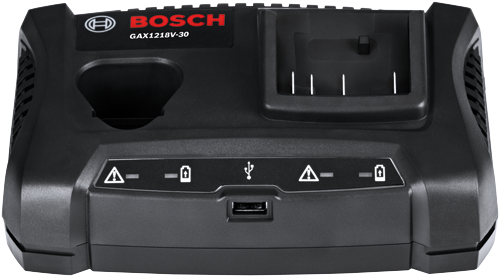 Cargador BOSCH GAX1218V-30, con símbolos de advertencia, batería y USB.