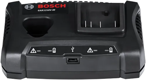 Cargador BOSCH GAX1218V-30, con símbolos de advertencia, batería y USB.
