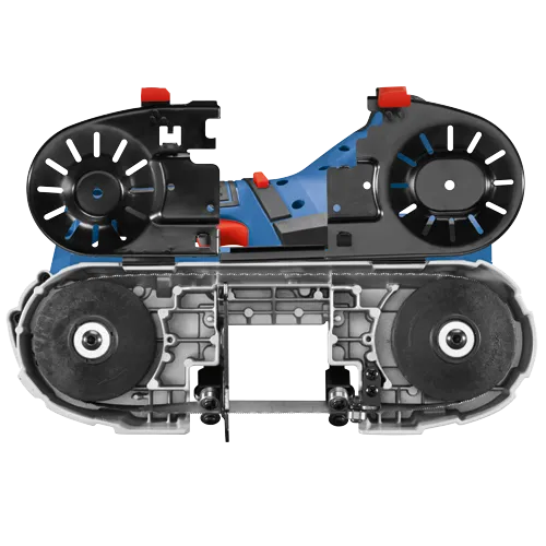 Herramienta eléctrica Bosch azul y negra con detalles en rojo.