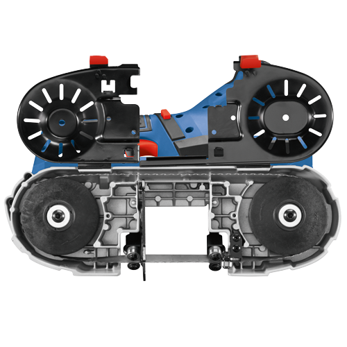 Herramienta eléctrica Bosch azul y negra con detalles en rojo.