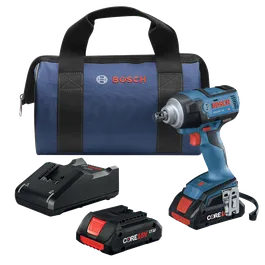 Llave de impacto Bosch GDS18V-221, cargador de batería, batería de 18V y bolsa de transporte. La llave y la batería están marcadas "CORE18V".