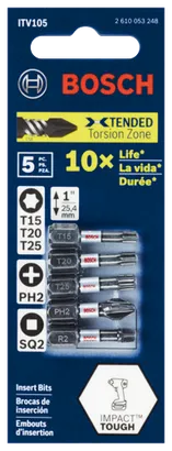 5 pc. Impact Tough™ 1 In. Screwdriving Bit Set, ITV105, PKG