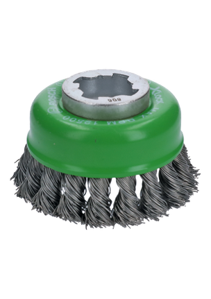 Cepillo de copa con hilera simple de alambre trenzado de acero inoxidable, con eje X-LOCK, diám. del disco 3"