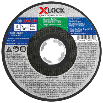 Disco abrasivo para corte en mampostería, calibre 24, tipo de eje 1A X-LOCK (ISO 41), de 5" x 1/16"