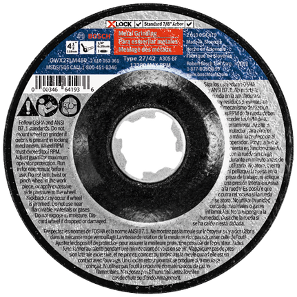 Disco abrasivo para amolar metal, calibre 30, tipo de eje 27 X-LOCK, de 4-1/2" x 1/4"
