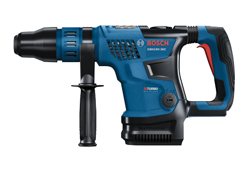 Taladro percutor Bosch GBH18V-36C, con tecnología BiTurbo Brushless. Boschhammer visible.