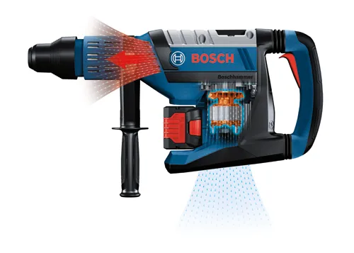 Taladro percutor Bosch "Boschhammer", azul y negro con detalles rojos, con corte interno que revela componentes y flujo de aire, y el logotipo de Bosch.