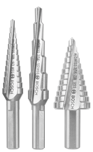 Brocas escalonadas Bosch con texto 'SWISS' y 'HSS'; de izquierda a derecha: SWISS 1/8-1/2 HSS, SWISS 3/16-1/2 HSS y SWISS 3/16-7/8 HSS.