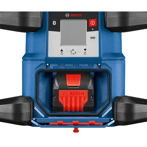 Dispositivo Bosch azul y negro con símbolo Bluetooth, botón de encendido/apagado y pantalla.