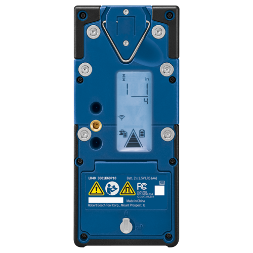 LR40, 3601K69P10, batería de 2 x 1.5V LR6 (AA), Fabricado en China por Robert Bosch Tool Corp., Mount Prospect, IL. Contiene FCC: SQGBL654, IC: 3147A-BL654.