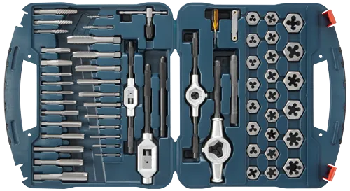 Kit de herramientas que contiene machos, terrajas y herramientas relacionadas.