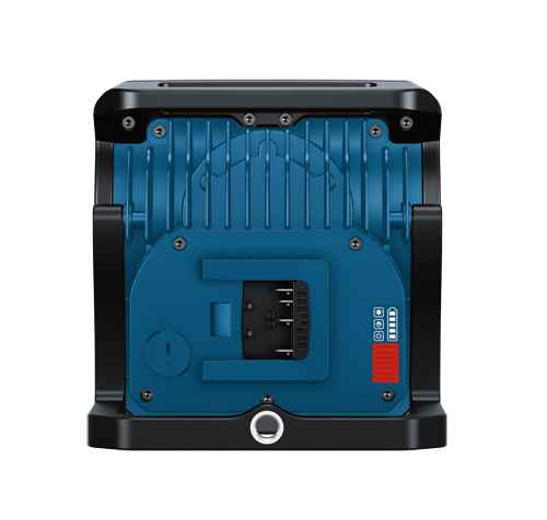 Luz de trabajo Bosch azul y negro con indicador de nivel de batería.