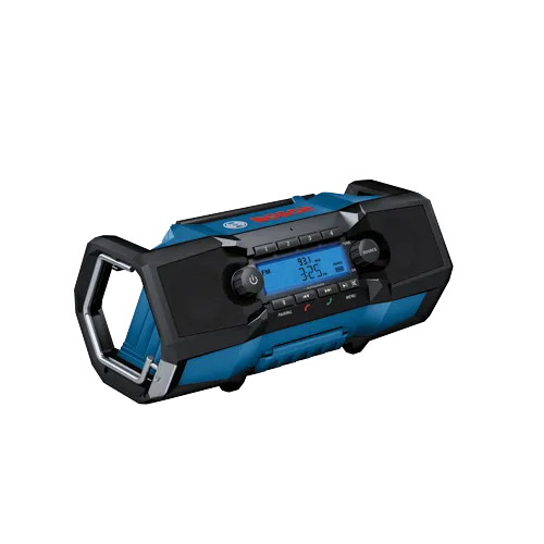 Radio Bosch, con texto visible: FM, 93.1 MHz, 3:25 PM, STEREO, PAIRING, TUNE, MENU, OK, SOURCE, AUX.