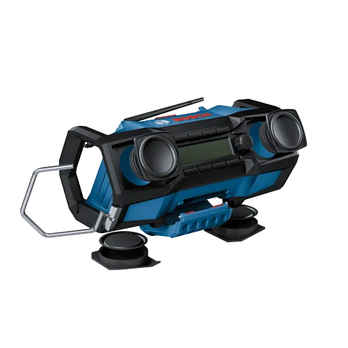 Radio Bosch con dos altavoces y texto "BOSCH" visible en la parte superior.