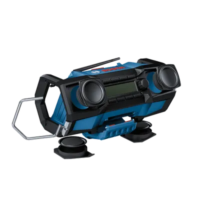 Radio Bosch con dos altavoces y texto "BOSCH" visible en la parte superior.