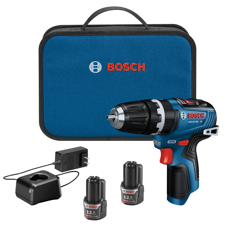 Bosch GSB12V-300 HD taladro a batería, cargador, 2 baterías y maletín de transporte azul con texto "BOSCH".