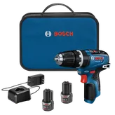 Bosch GSB12V-300 HD taladro a batería, cargador, 2 baterías y maletín de transporte azul con texto "BOSCH".