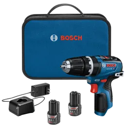 Bosch GSB12V-300 HD taladro a batería, cargador, 2 baterías y maletín de transporte azul con texto "BOSCH".