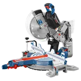 Sierra ingletadora Bosch con "BITURBO BRUSHLESS", "BOSCH" visible. Incluye selector de bisel, guías de medición y protector de hoja.