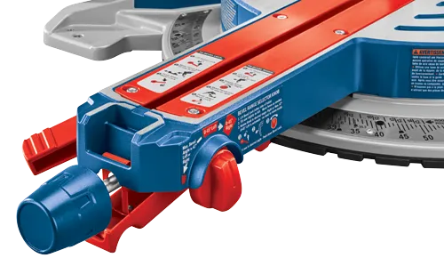 Selector de ángulo de bisel Bosch con texto "0-45° Izquierda, Derecha", "Ángulo máximo de bisel a 47° Izquierda o Derecha".