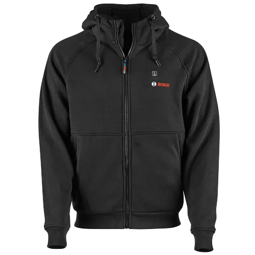 Chaqueta con capucha negra Bosch con símbolo de calor y texto "BOSCH".