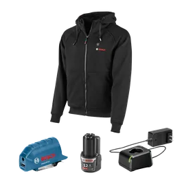 Chaqueta con capucha y cremallera negra, cargador Bosch GAA12V-21, batería de iones de litio de 12 V 2.0 Ah y cargador.
