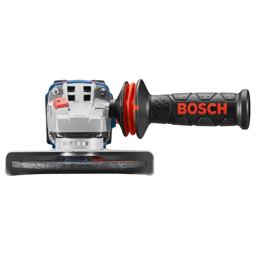 Amoladora angular Bosch con la palabra "BOSCH" en el mango.