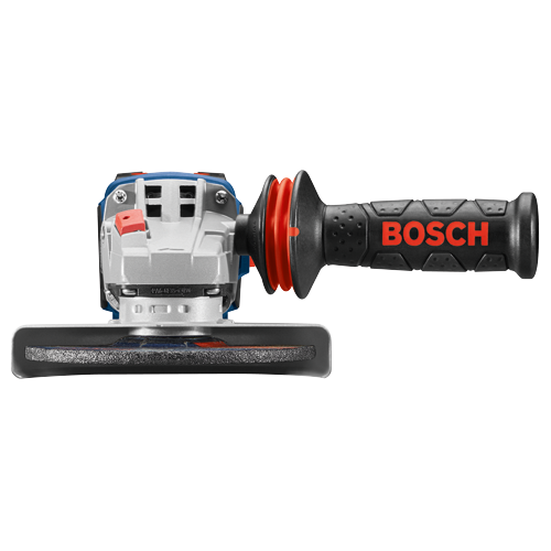 Amoladora angular Bosch con la palabra "BOSCH" en el mango.