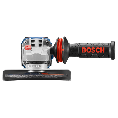 Amoladora angular Bosch con la palabra "BOSCH" en el mango.