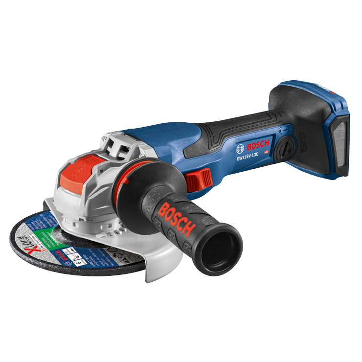Amoladora angular Bosch GWX18V-13C, con la inscripción BOSCH en rojo en el mango y un disco de amolar X-LOCK.