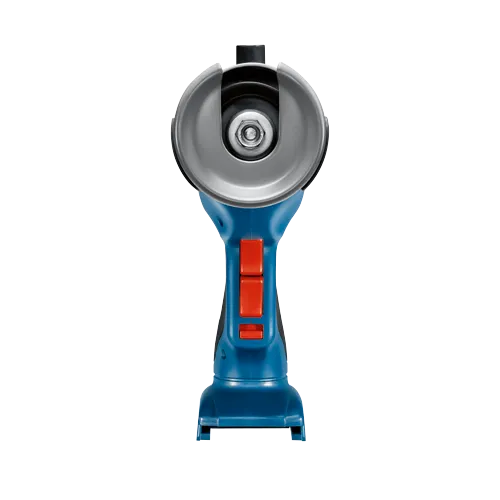 Amoladora angular Bosch azul y negra con botones naranjas.