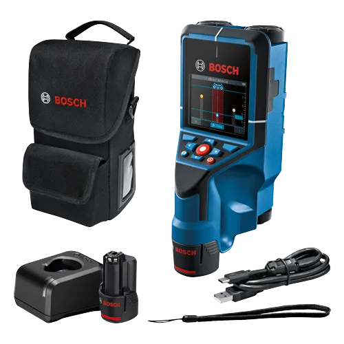 Detector Bosch para ladrillo/universal con pantalla, botones, bolsa, cargador, batería y cables.