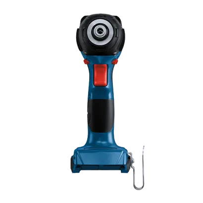 Taladro inalámbrico Bosch, azul y negro con detalles en rojo, con gancho metálico adjunto.