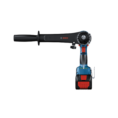 Herramienta Bosch con mango y batería; roja, azul, negra y plateada.