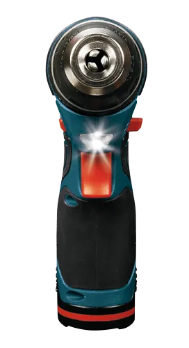 Taladro atornillador Bosch vista frontal con luz LED encendida.